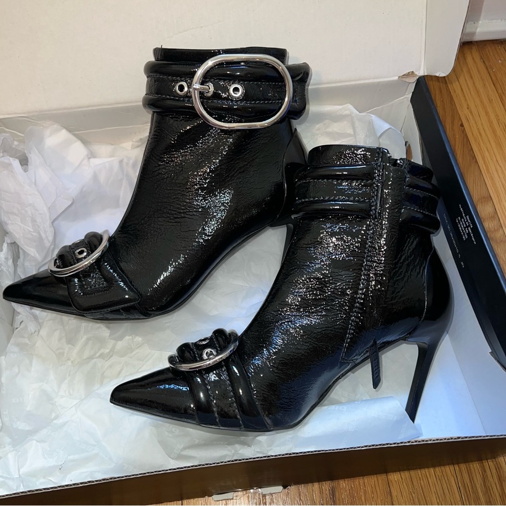 Diesel Black Buckle Patent Leather Heeled Boots
